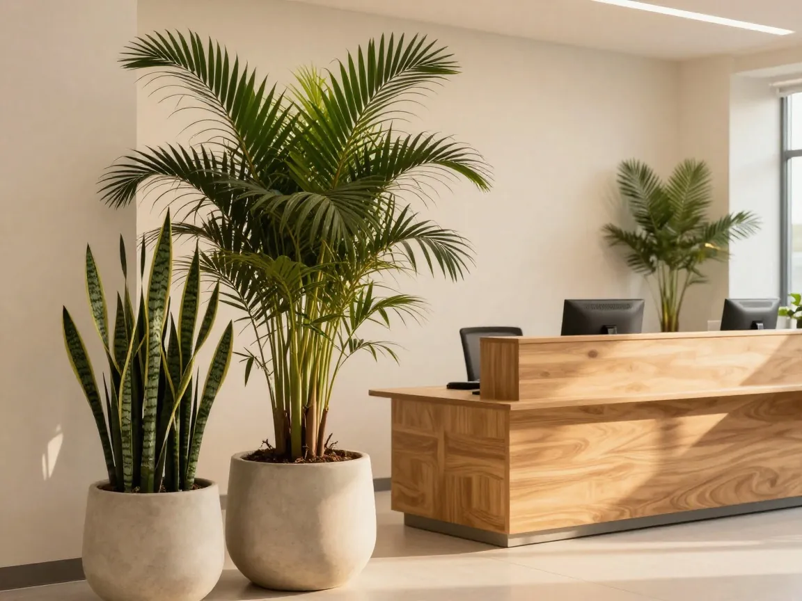 An office reception with large planters