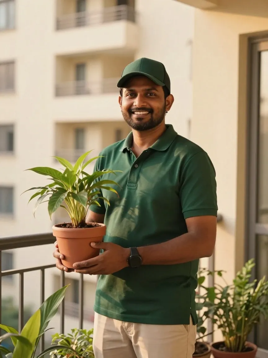 A smiling UrbOvan gardener holding a potted plant