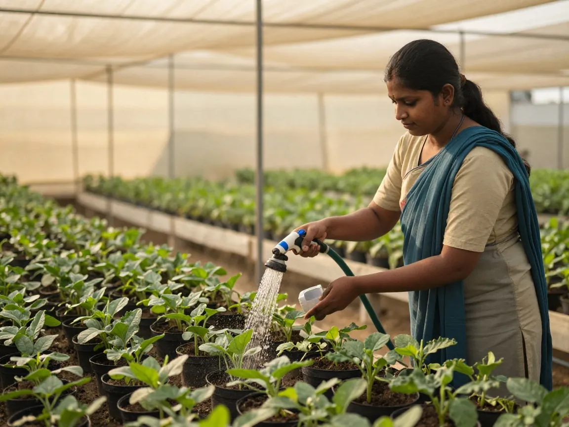 A nursery worker watering young plants under shade net