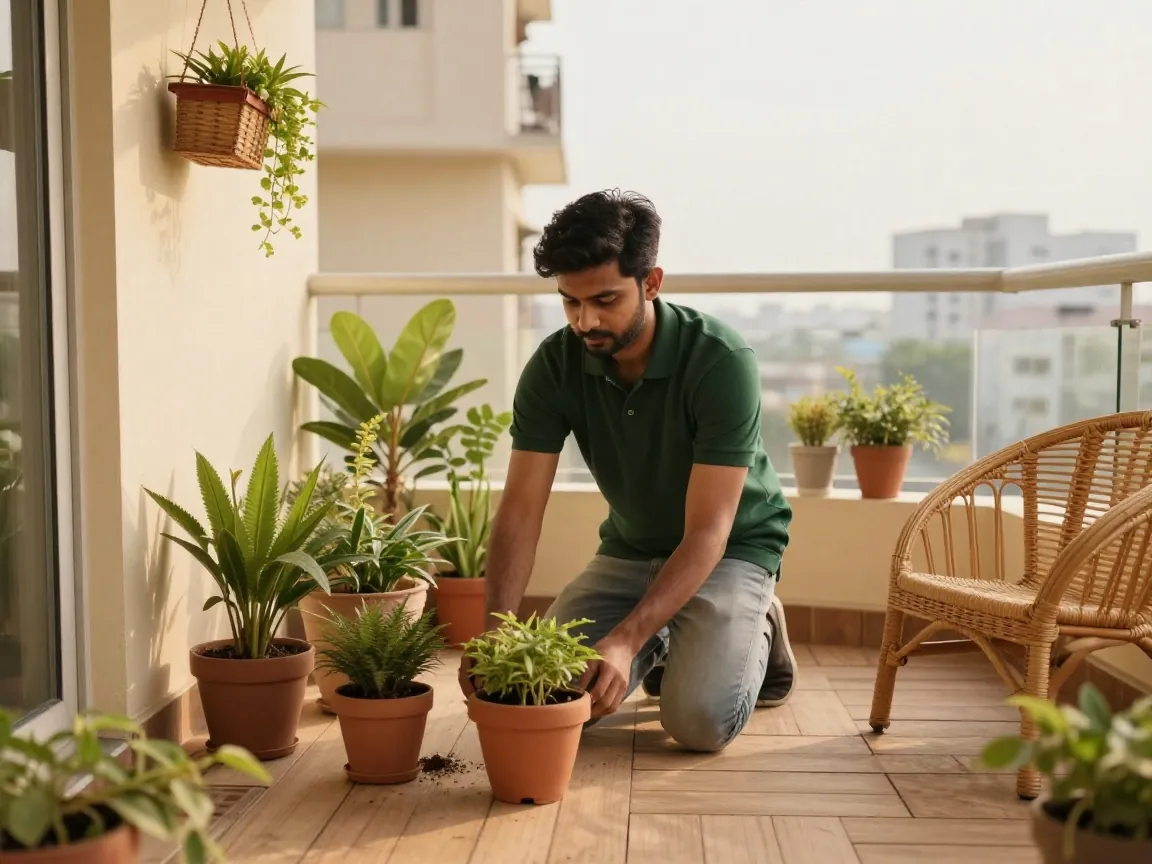 An UrbOvan gardener arranging plants on a balcony