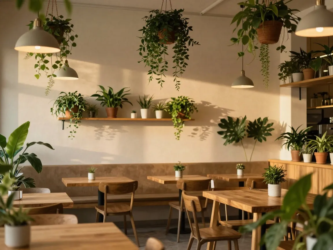 A café filled with hanging plants